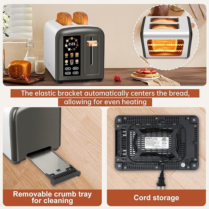 SEEDEEM Toaster 2 Slice with Touch Screen Faster Heating Speed 7 Shade Setting 6 Bread Type 1.5”Wide Slots Toaster Removable Crumb Tray 1350W Dark Metallic
