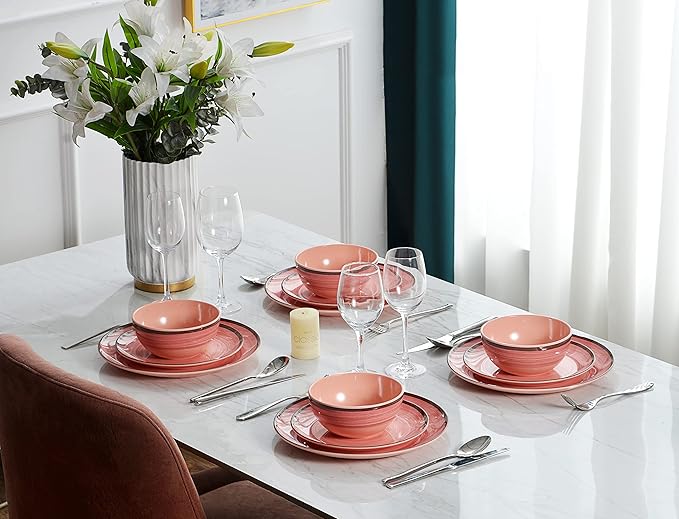 12Pcs Melamine Dinnerware Set Plates And Bowls Sets for 4 Pink Color Dinnerware Sets Melamine Plates Bowls Indoor and Outdoor Use Dish Set Dishwasher Safe BPA Free(Pink)