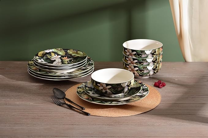 222 Fifth 12-Piece Porcelain Dinnerware Set for 4 Black &amp White Plates and Bowls Set with Tropical Floral Design Glossy Ceramic Dish Set Kitchen Tableware Microwave &amp Dishwasher Safe Born