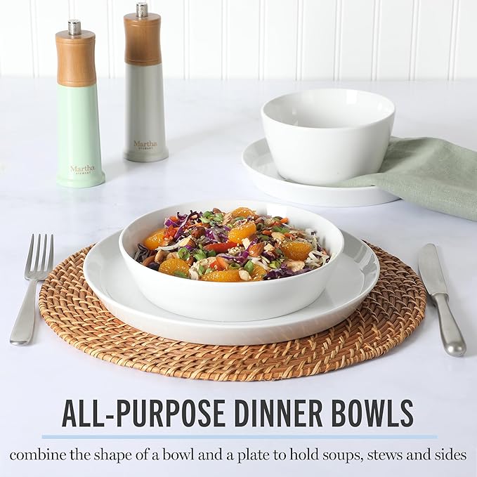 Martha Stewart Selma Chip &amp Scratch Resistant Dinnerware Set Service for 4 (16pcs) – White Plates and Bowls Durable Dishwasher and Microwave Safe Dishes Set for Everyday Use