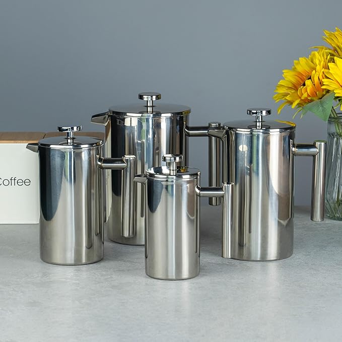 Grunwerg Caf茅 Ole 8 Cup Double Walled Straight Sided Cafetiere Coffee Maker Mirror 1000 ml/1 Litre