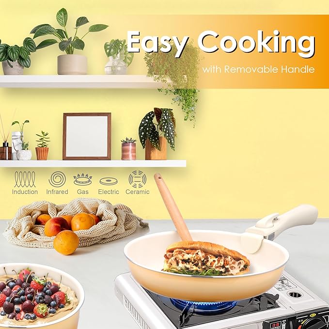 20pcs Ceramic Cookware Set Nonstick Detachable Handle Pots and Pans Set Non ToxicNo PFAS &amp PTFE &amp PFOA Dishwasher/Oven Safe RV Kitchen Set Removable Handle for Cooking Yellow