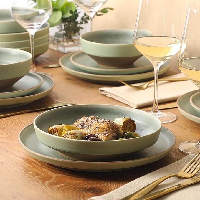 Gibson Elite Octavia Place 16 Piece Stoneware Dinnerware Set Service for 4 Coupe Modern Plates &amp Bowls Reactive Glaze Finish Green Microwave &amp Dishwasher Safe