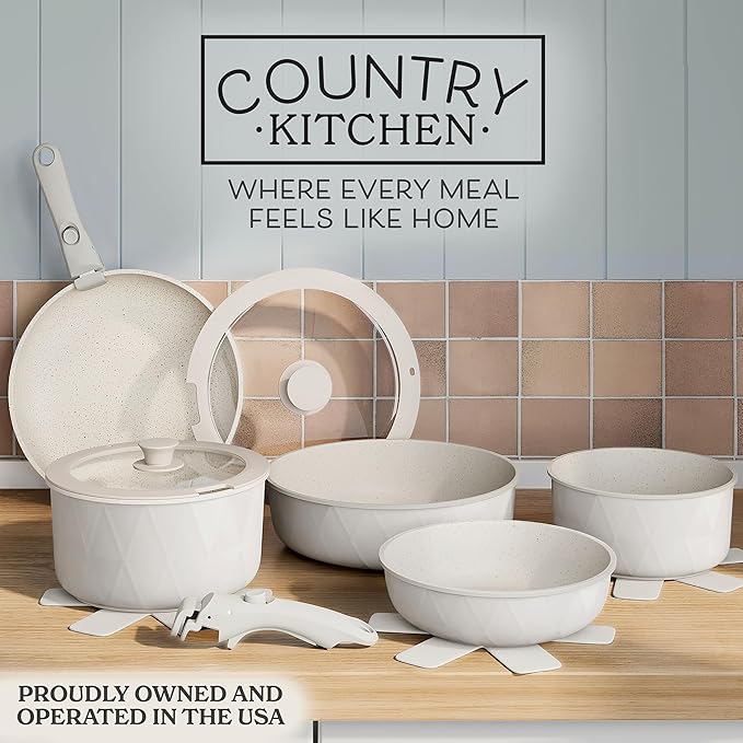 Country Kitchen Cookware Set with Removable Handle Oven &amp RV Safe Pots and Pans Set Cream Diamond Original