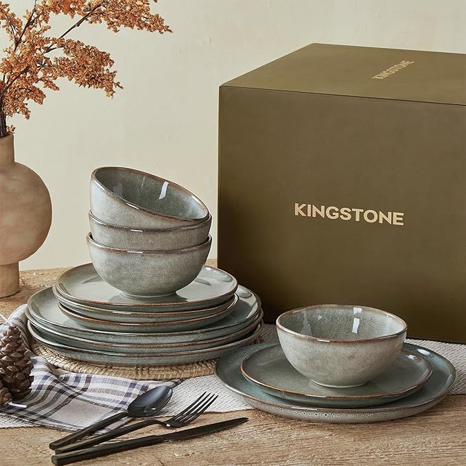 KINGSTONE Stoneware Dinnerware Sets 18-Piece Reactive Glaze Porcelain Plates and Bowls Sets for 6 Handcrafted Rustic Ceramic Dishes Set Highly Scratch Resistant Dishwasher &amp Microwave Safe Gr