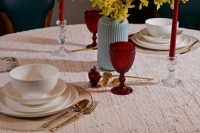 Lily Bone China Dinnerware Set 16 Pieces Service for 4 White Plates Dishes Bowls Set Microwave and Dishwasher Safe