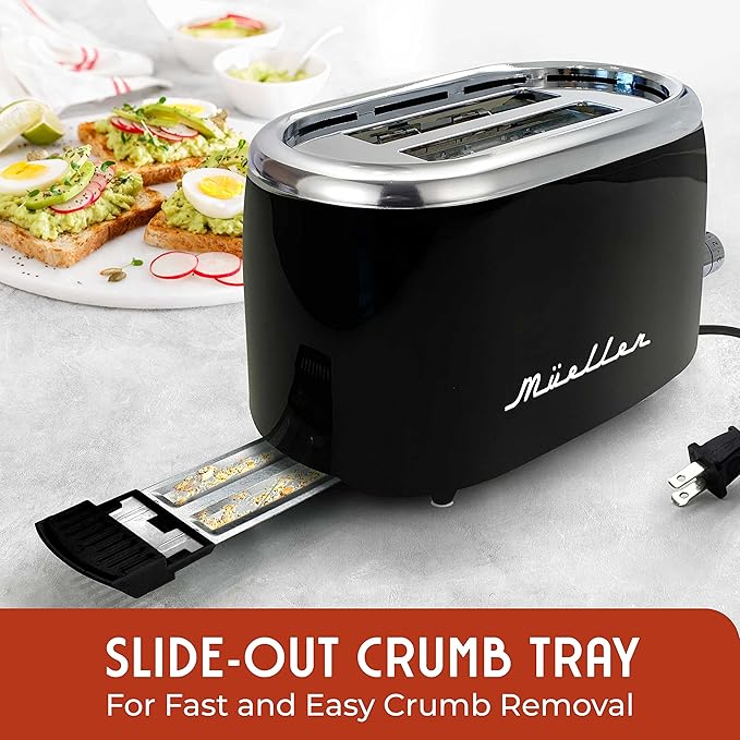 MUELLER HOME Retro Toaster 2 Slice 7 Browning Levels 3 Functions (Reheat Defrost Cancel) Stainless Steel Features Removable Crumb Tray Under Base Cord Storage Black