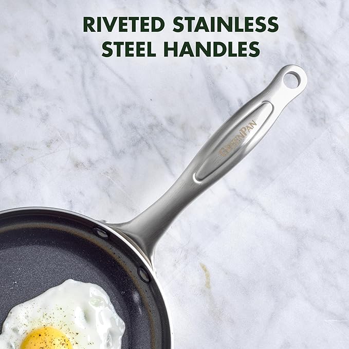 GreenPan TriClad Tri-Ply Stainless Steel Healthy Ceramic Nonstick 10 Piece Cookware Pots and Pans Set Frypan Saucepan Saute Pan CasseroleLids Induction Suitable PFAS-Free Dishwasher and Oven Safe