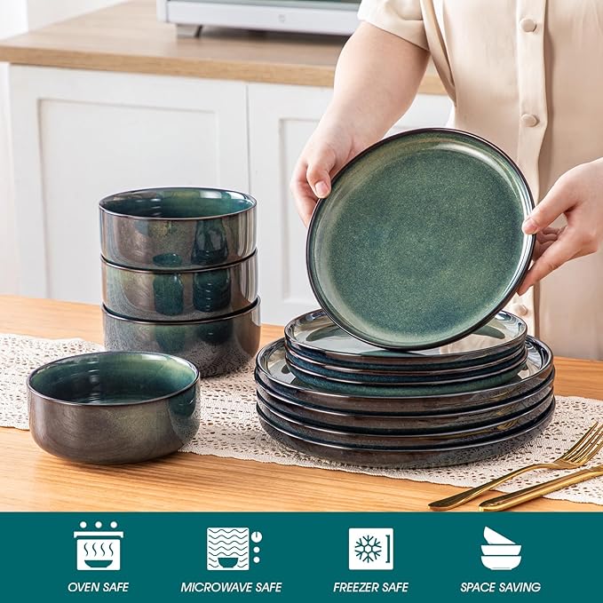 vancasso Starry 12 Pieces Dinnerware Sets for 4 Green Reactive Glaze Dishes Sets Ceramic Plates and Bowls Set Dinner Salad Dessert Plates and Cereal Bowls Set Dishwasher and Microwave Safe