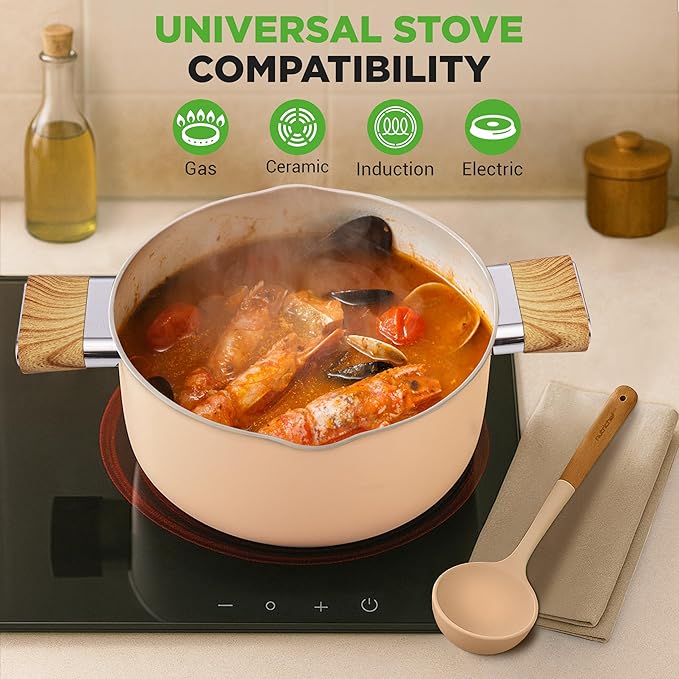 NutriChef 14-Piece Non-Stick Ceramic Cookware Set - Induction Safe Pots and Pans with Glass Lids Cool-Touch Handles Even Heat Distribution Dishwasher Safe Includes Ladle Tong Spatula (Pink)