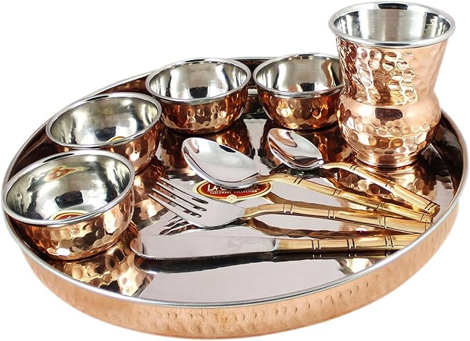 Aakrati HANDICRAFT Indian Dinnerware Set Copper Stainless Steel Thali Plate Set Diameter 12 Inch