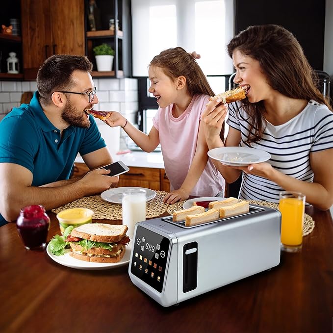 Long Slot Toaster 4 Slice Touch Screen LED Display 1.5” Extra Wide Slots for Thick Bread &amp Bagels Countdown Timer Memory Function Dual Independent Control 6 Shade Settings Stainless Steel
