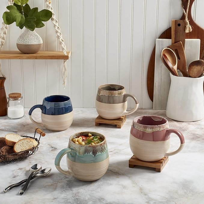 Tabletops Gallery Tuscan Reactive Glaze Stoneware- Platter Serving Bowl Mixing Bowl Mug Tuscan 26 Ounce Jumbo Oversized Mugs (Set of 4- Blue Green Brown and Pink)