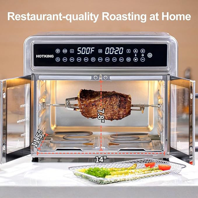 HotKing Dual-Zone Air Fryer Toaster Oven Combo 28 QT Extra Large Non Toxic Stainless Steel Convection Oven with French Door Countertop Airfryer with Window Racks Rotisserie Dehydrator ETL Rated