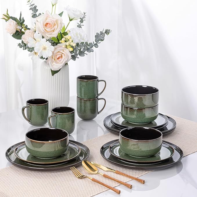 LERATIO Ceramic Dinnerware Sets for 416-PieceReactive Glaze Plates and Bowls Set with MugsHighly Chip and Crack Resistant | DishwasherMicrowave &amp Oven Safe Dishes set-Green