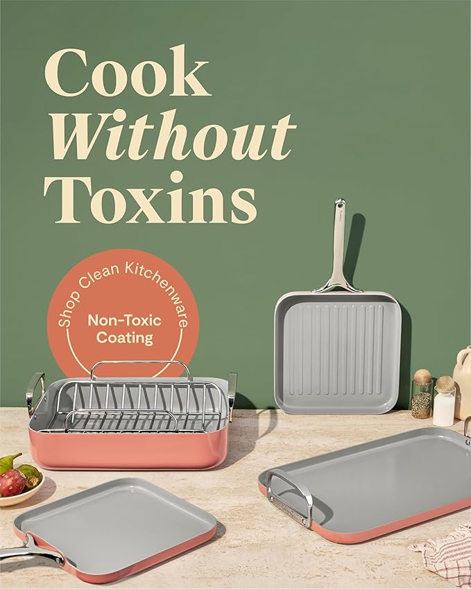 Caraway Square Cookware Set - Square Pans Set - Perfect for Griddling Toasting Searing Roasting and More - Non-Stick Ceramic Coated Pans - Non Toxic PTFE &amp PFOA Free - Perracotta