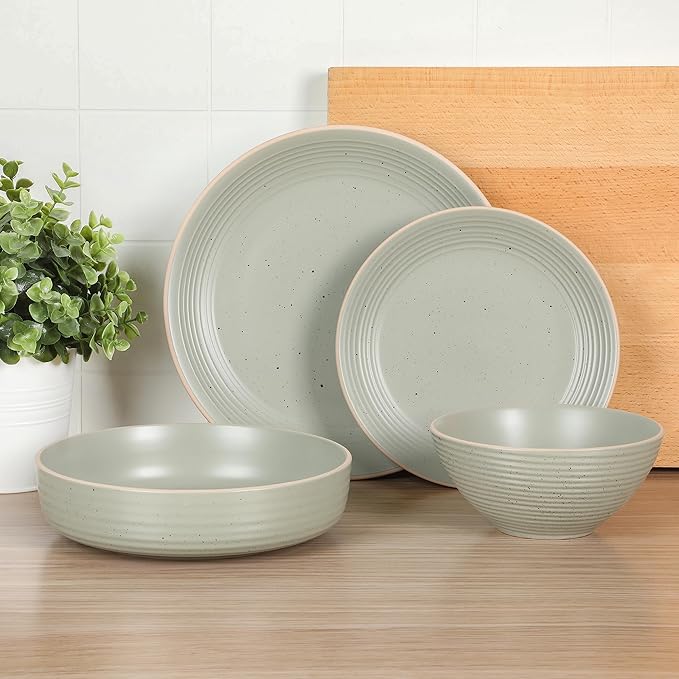 Gibson Home Dinah Double Bowl Stoneware Embossed Speckled Dinnerware Set - Sage Green Service for Four (16pcs)