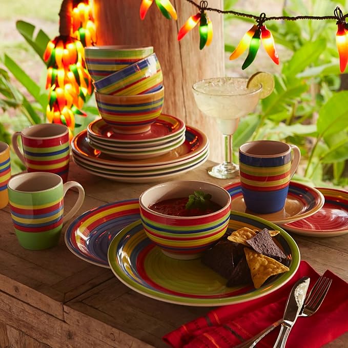 BrylaneHome 16 Piece Santa Fe Dinnerware Set (Service for 4) Includes Dinner &amp Salad or Dessert Plates Bowls Mugs Colorful Stripe Southwestern Fiesta Pattern - Multi Stripe