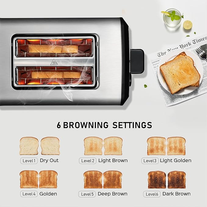 Toaster 2 Slice Wide Slot Stainless Steel Toaster with 6 Browning Levels Reheat &amp Defrost for Bagel Toast Bread Kitchen Essentials Removable Crumb Tray (sliver)