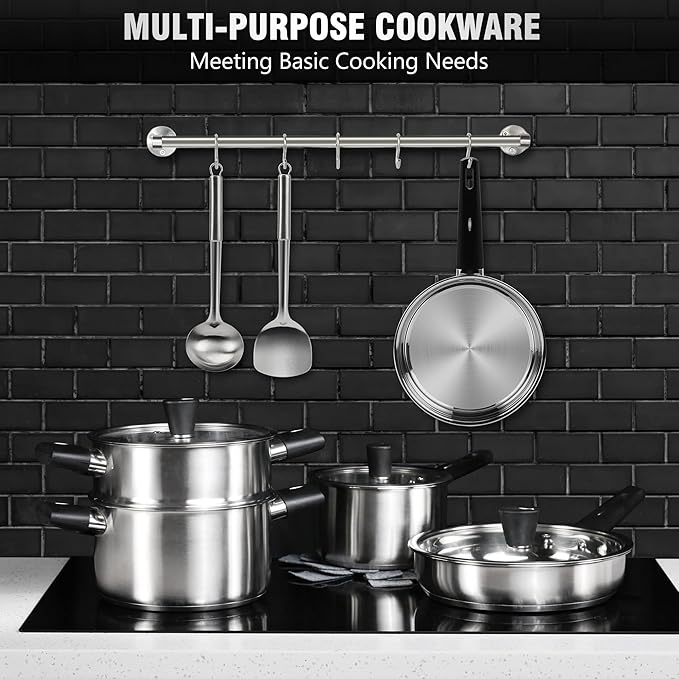 14Pcs Kitchen Pots and Pans Set Stainless Steel Cookware Set Non Toxic Induction Cooking Pot and Pan Set with Stay-Cool Handles Healthy PFAS PFOA PFOS Free Dishwasher Safe