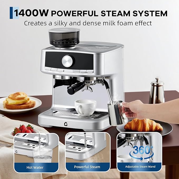 20 Bar Stainless Steel Espresso Machine with Integrated Grinder Adjustable Shot Volume 1.5l Removable Water Tank Steam Milk Frother Wand for Home and Office Use Silver