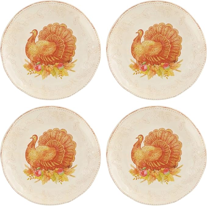 UPware 16 Piece Glitter Turkey Melamine Dinnerware Sets Outdoor Dishes Set Plates and Bowls Sets Autumn Thanksgiving Decorations Service for 4 Orange