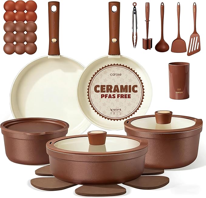 CAROTE 22Pcs Ceramic Cookware Set Pots and Pans Set Non Stick Removable Handles Non Toxic Cookware Oven/Dishwasher Safe Induction Cookware Gift Set NonStick Cookware Set with Kitchen Essentials