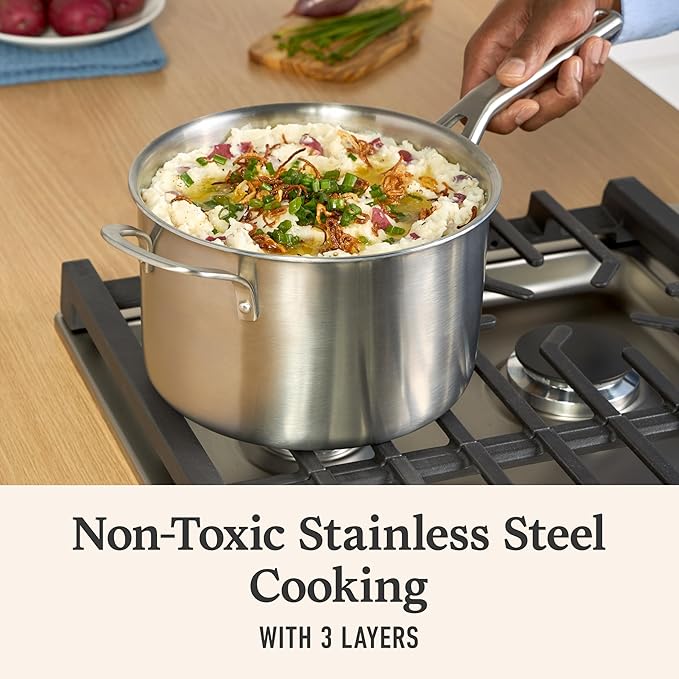 Calphalon Brushed 3-Ply Stainless Steel Cookware Set w/Turbo Heat Tech 4.5Qt Sauce Pan with Lid Induction Oven Safe 450F Brushed Satinless Silver