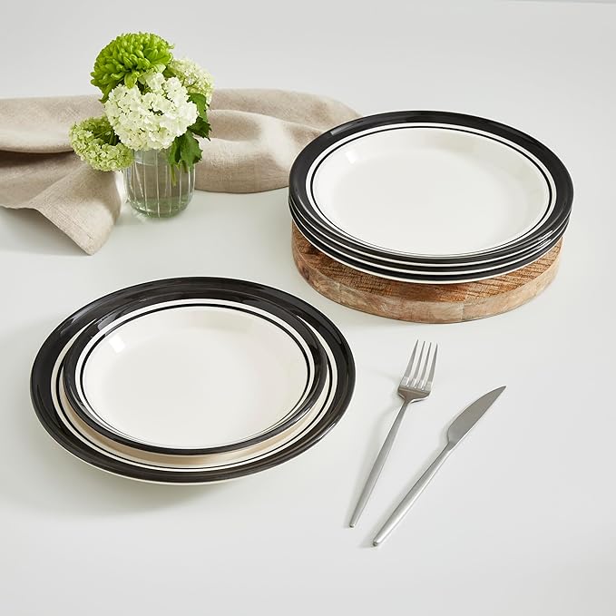Portmeirion Potter's Stripe 16-Piece Dinnerware Set - Black Rimmed Plates &amp Bowls with Mugs Earthenware Dinnerware for Everyday Dining - Dishwasher &amp Microwave Safe Service for 4 Casual Dini