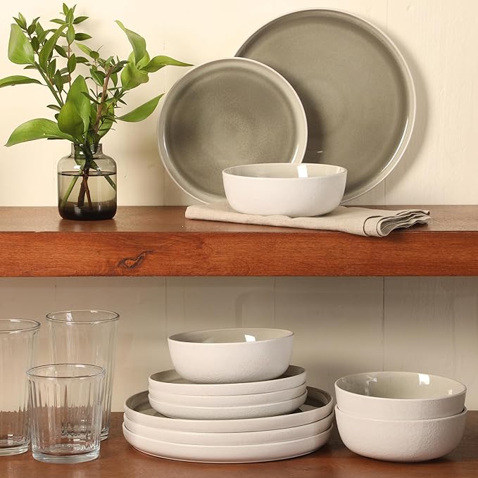 Gibson Elite Tahoe Sunset 12-Piece Reactive Stoneware Dinnerware Set – Matte Exterior &amp Shiny Interior Plates and Bowls Durable Everyday Dish Set Microwave &amp Dishwasher Safe - Grey