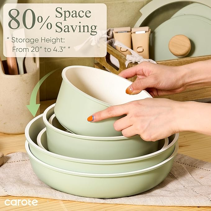 CAROTE 25pcs Pots and Pans Set Non Stick Cookware Sets Kitchen Set Oven/Dishwasher/Fridge Safe Space Saving Pots Set Nonstick Set with Versatile Detachable Handle Induction RV Set Green