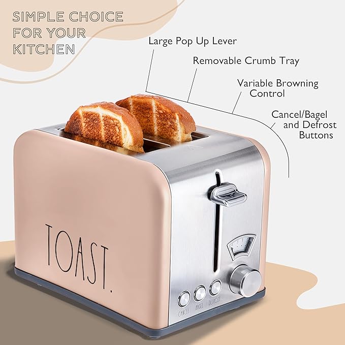 Rae Dunn Toaster Stainless Steel 2 Slice Square Toaster Wide Slot with 5 Browning Levels with Bagel Defrost and Cancel Options (Blush)