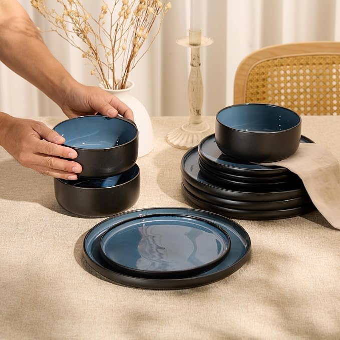 Dinnerware Set 12 Piece Service for 4 Vase and Vessel Ceramic 10.5” Dinner Plates 8.2” Salad Plates and 20 oz Bowls Stoneware Somerset Collection (Black/Slate Blue)