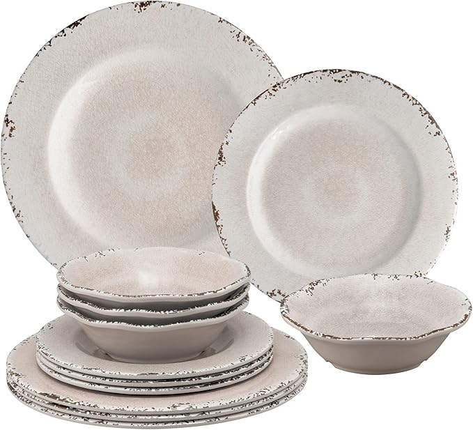 UPware 12 Piece Crackle Melamine Dinnerware Sets Outdoor Dishes Set Plates and Bowls Sets Service for 4 Cream