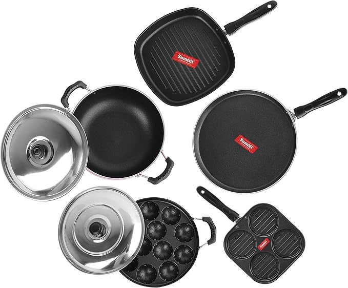 SUMEET Aluminium 2.6mm Thick Non-Stick Dearg Cookware Set (Red Dosa Tawa 26.5cm Dia Mini Multi Snack Maker 19.5cm Dia Kadhai with Lid 1.5Ltr Grill Appam Patra with Lid 23cm Dia Grill Pan 1.1Ltr)