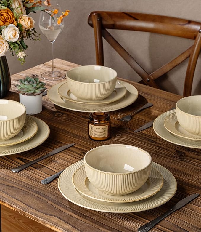 TheTerra Stoneware Dinnerware Sets for 4 12 Pieces Ceramic Plates and Bowls Sets Scratch Resistant Embossed Dish Set Oven Microwave &amp Dishwasher Safe Cappuccino