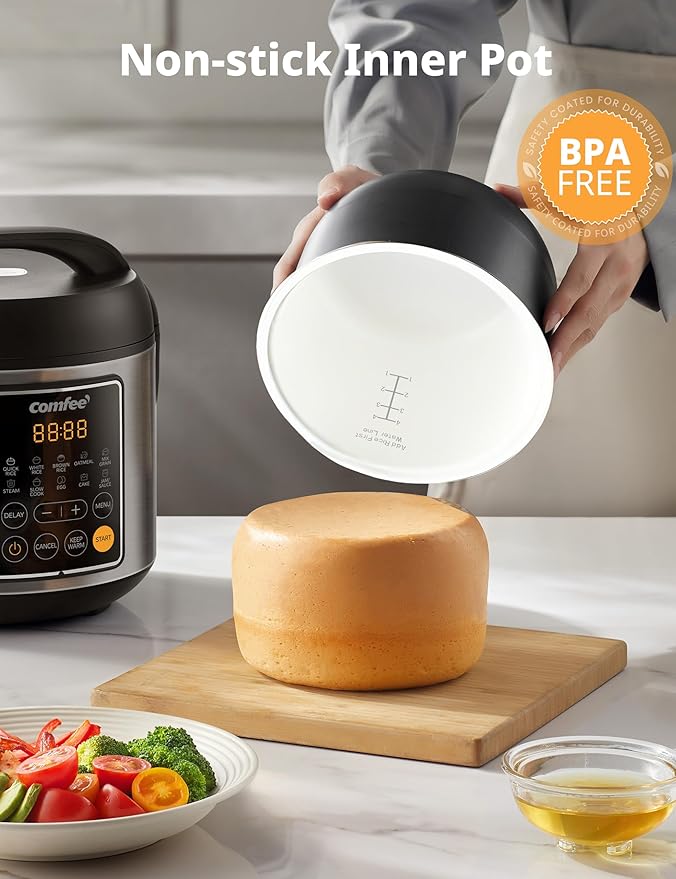 COMFEE' Rice Cooker 4 Cups Uncooked 8 Cups Cooked Slow Cooker 2 Qt Small Multicooker with 10 Presets Steamer &amp Grain Cooker Non-Stick Inner Pot