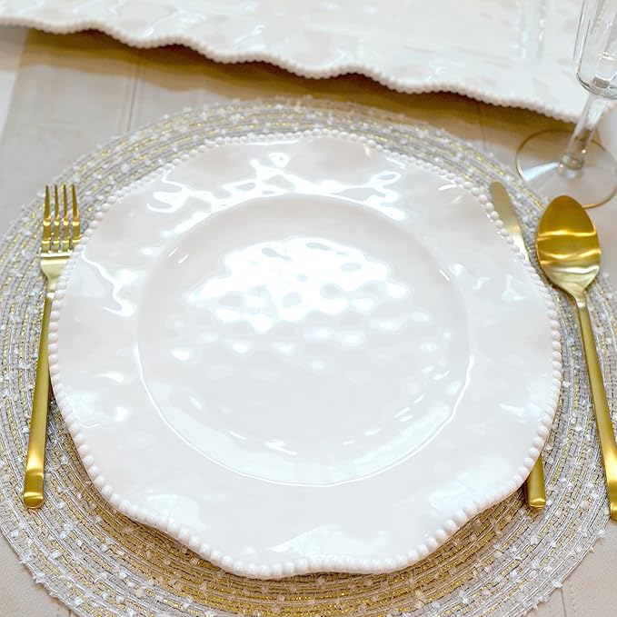 Perlette Off-White Beaded 12-Piece Dinnerware Set – Includes 4 Dinner Plates 4 Salad Plates 4 Bowls (7.5 x 2 22 oz) – Elegant Unbreakable Melamine Heavyweight Perfect for Indoor/Outdoor Dining