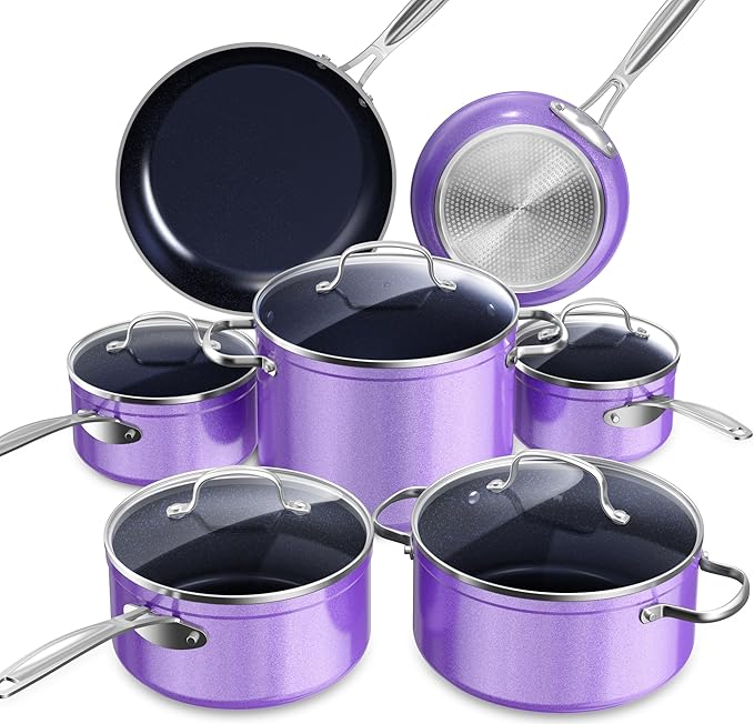 Nuwave Healthy Duralon Blue Ceramic Nonstick Cookware Set Diamond Infused Scratch-Resistant PFAS Free Dishwasher &amp Oven Safe Induction Ready &amp Evenly Heats Tempered Glass Lids &amp Stay-