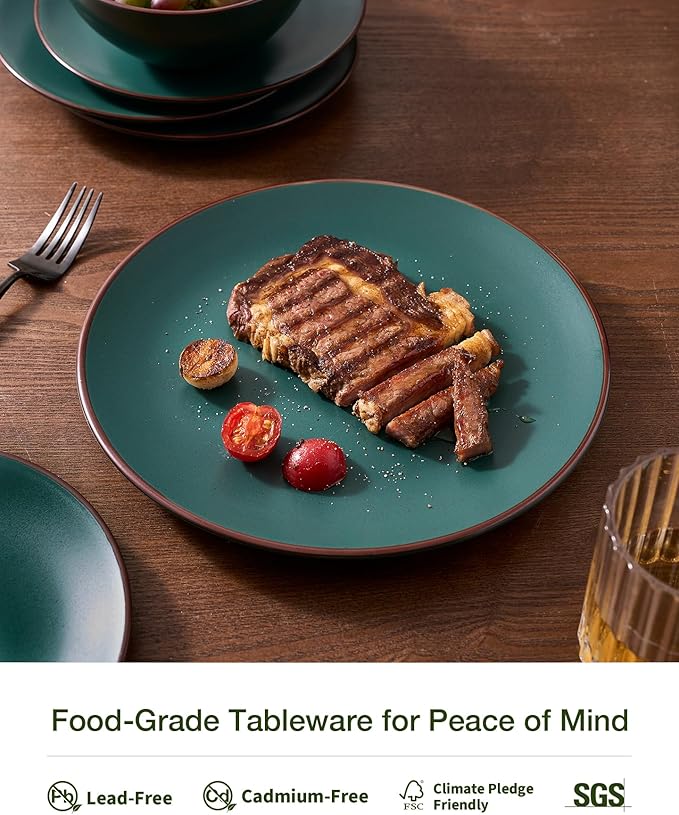 Famiware Venus Plates and Bowls Sets 18 Pieces Stoneware Speckled Dinnerware Dishes Set for 6 Matte Dark Green - Microwave &amp Dishwasher Safe Modern Minimalist for Everyday Meals &amp Formal D