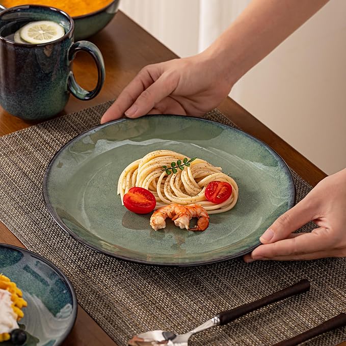 16 Piece Dinnerware Sets for 4 Scratch Resistantmicrowave oven and Dishwasher Safe Plates and Bowls Sets Ceramic Dish Set Bowl and Plate Set -Kiln turns foggy green