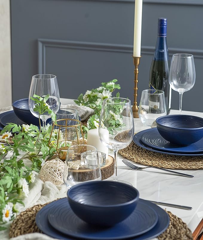 Bzyoo 12 Piece Melamine Dinnerware Set - Durable Dishwasher Safe Organica Navy Blue Plates and Bowls Sets Casual Dish Set for Dining Outdoor and Kitchen