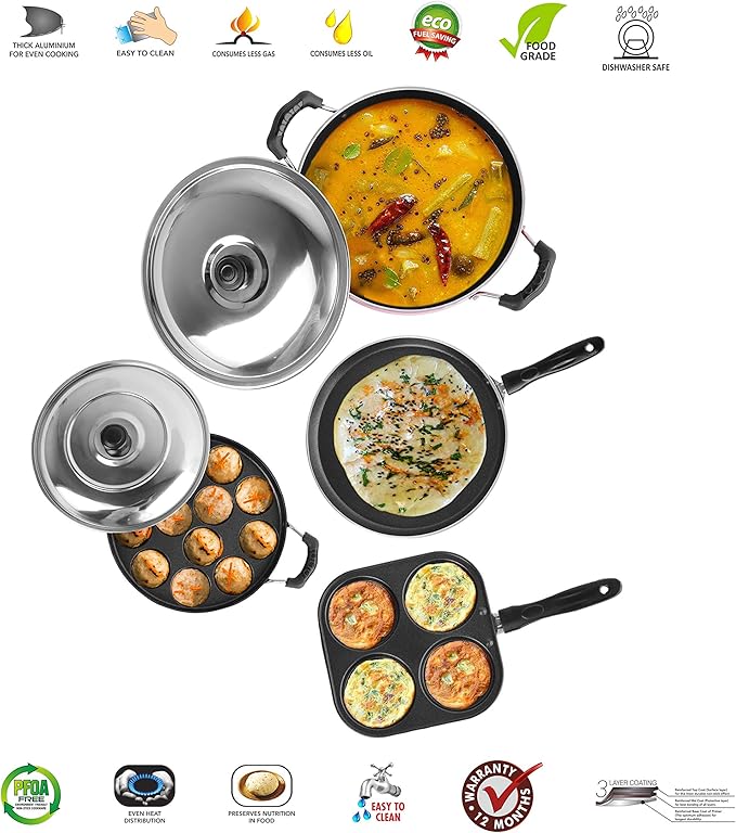 Sumeet 2.6 mm Thick Non-Stick Rojo Cookware Set (Dosa Tawa 26.5 cm Dia Mini Multi Snack Maker 19.5 cm Dia Kadhai with Lid 1.5 Ltr Capacity 20 cm Dia Grill Appam Patra with Lid 23 cm Dia)