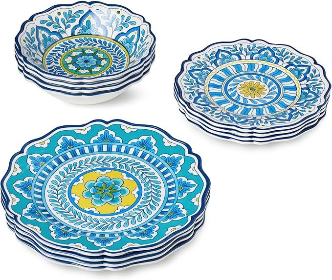 Porto 12 Pc. MELAMINE DINNERWARE SET SERVICE for 4 – artistically designed Talavera Tile Art Turquoise Blue Yellow Mandala