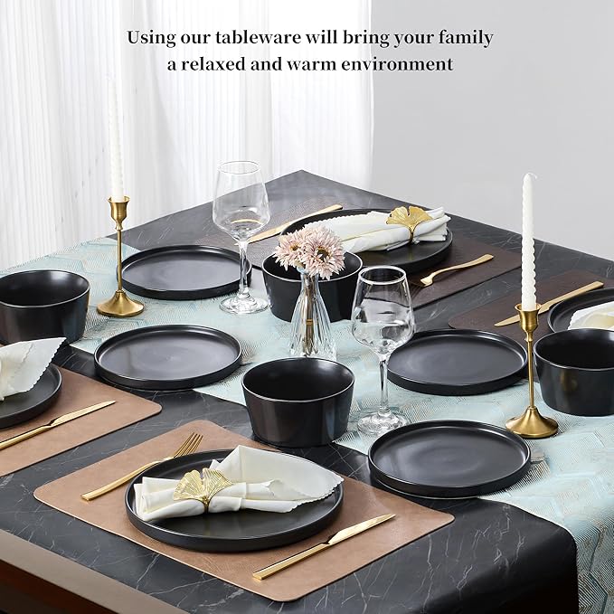 Vesteel Dinnerware Sets for 4 12Pcs Stoneware Plates and Bowls Sets Elegant Tableware set for Home Restaurant Chip &amp Scratch Resistant Dishes Set Black