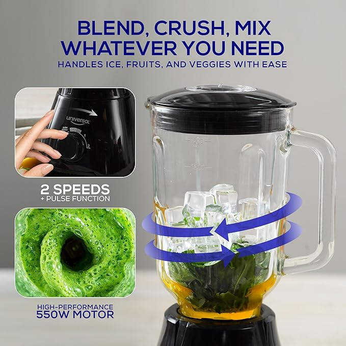 Universal 550W Mass Vital Blender - Glass Jar 57 Oz/1.8 Quart/1.7 Liter - 7-cup 2 Speed + Pulse Function and 4 Stainless Steel Blade with Chrome Steel Technology