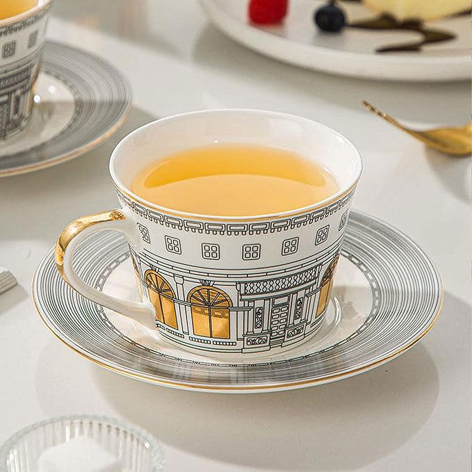 gold trim dinnerware set service for 6 24 pieces bone china dishes sets luxury european architectural plate set for anniversary opening Mother's Day afternoon tea
