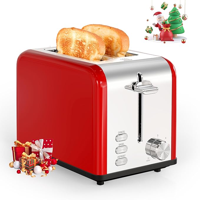 YSSOA Stainless Steel Toaster 2 Slice with Extra Wide Slot &amp Removable Crumb Tray 6 Shade Settings and Bagel/Defrost/Cancel Functions Compact Oven for Various Bread &amp Waffle Red New