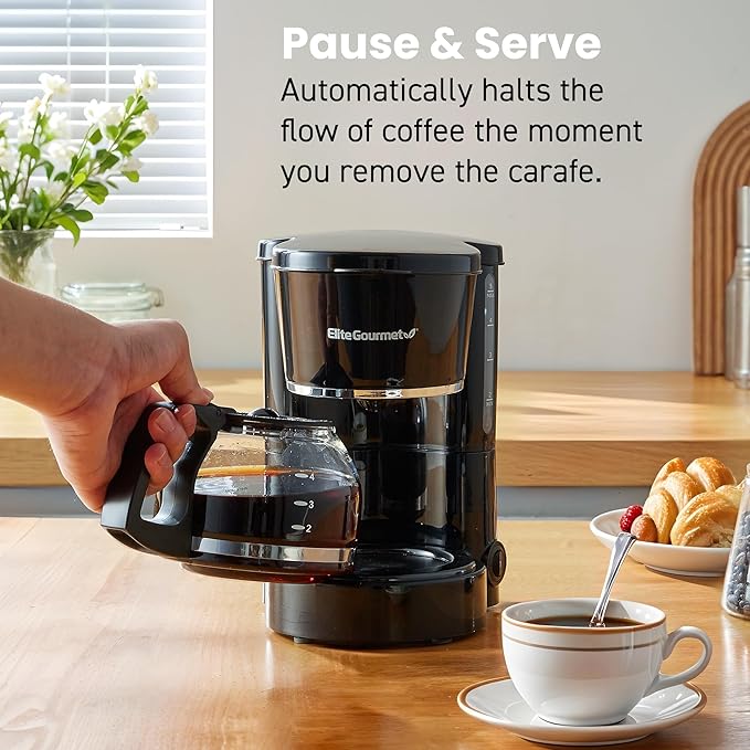Elite Gourmet EHC-5055# Automatic Brew &amp Drip Coffee Maker with Pause N Serve Reusable Filter On/Off Switch Water Level Indicator Black