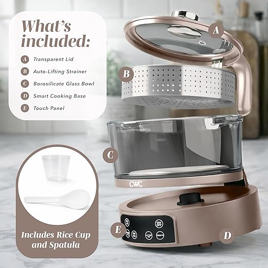 COOK WITH COLOR 3L Glass Mini Low Carb Rice Cooker – Holds 2 Cups Raw/Makes 6 Cups Cooked with Auto Lift Filter Basket Hotpot &amp Steamer for Rice Grains Digital Panel with Keep Warm Goat/Mink